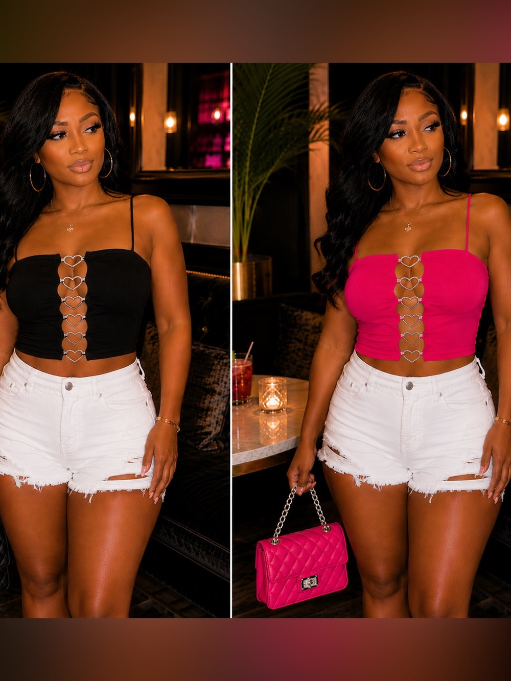 Two Heart-Link Strapless Crop Top in Black & Hot Pink